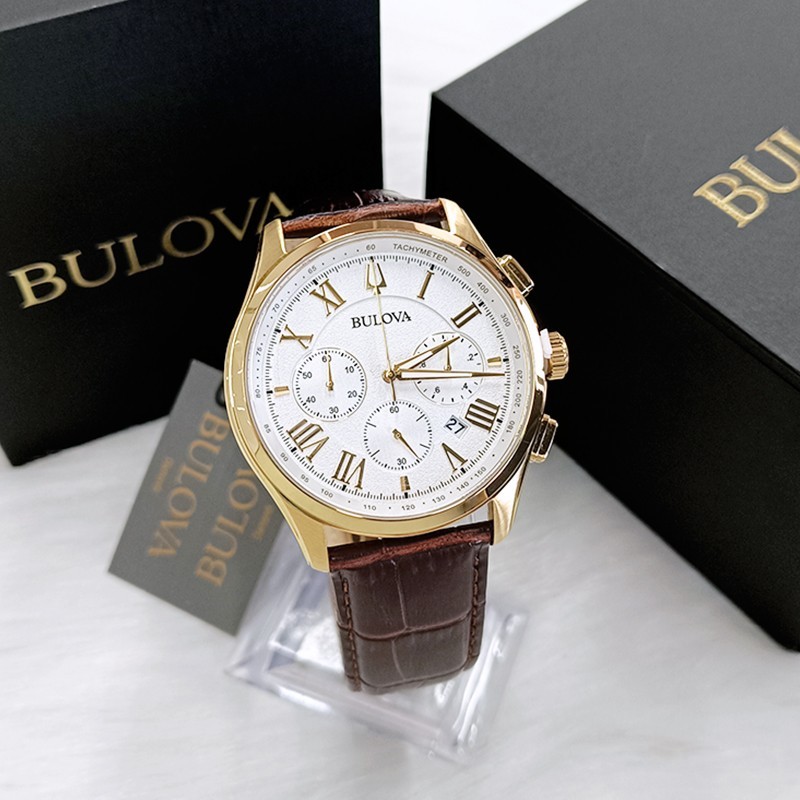 Men’s Bulova Wilton White Dial Brown Leather Classic 97B169 Quartz Watch 46.5mm