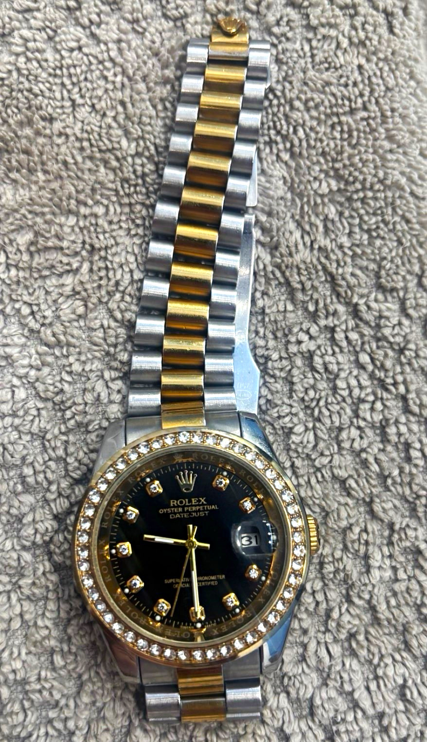 Rolex Datejust 36mm Two-Tone Silver/Gold Black Dial Diamond Bezel Date Auto