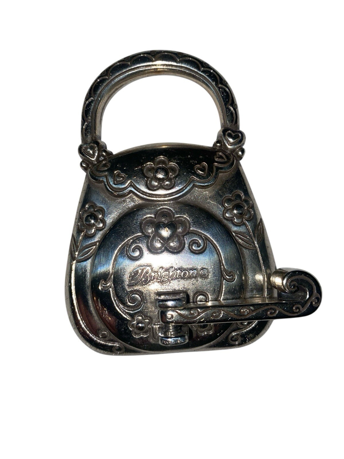 Brighton Silver Purse Watch New Battery Flowers & Jewels Swinging Stand