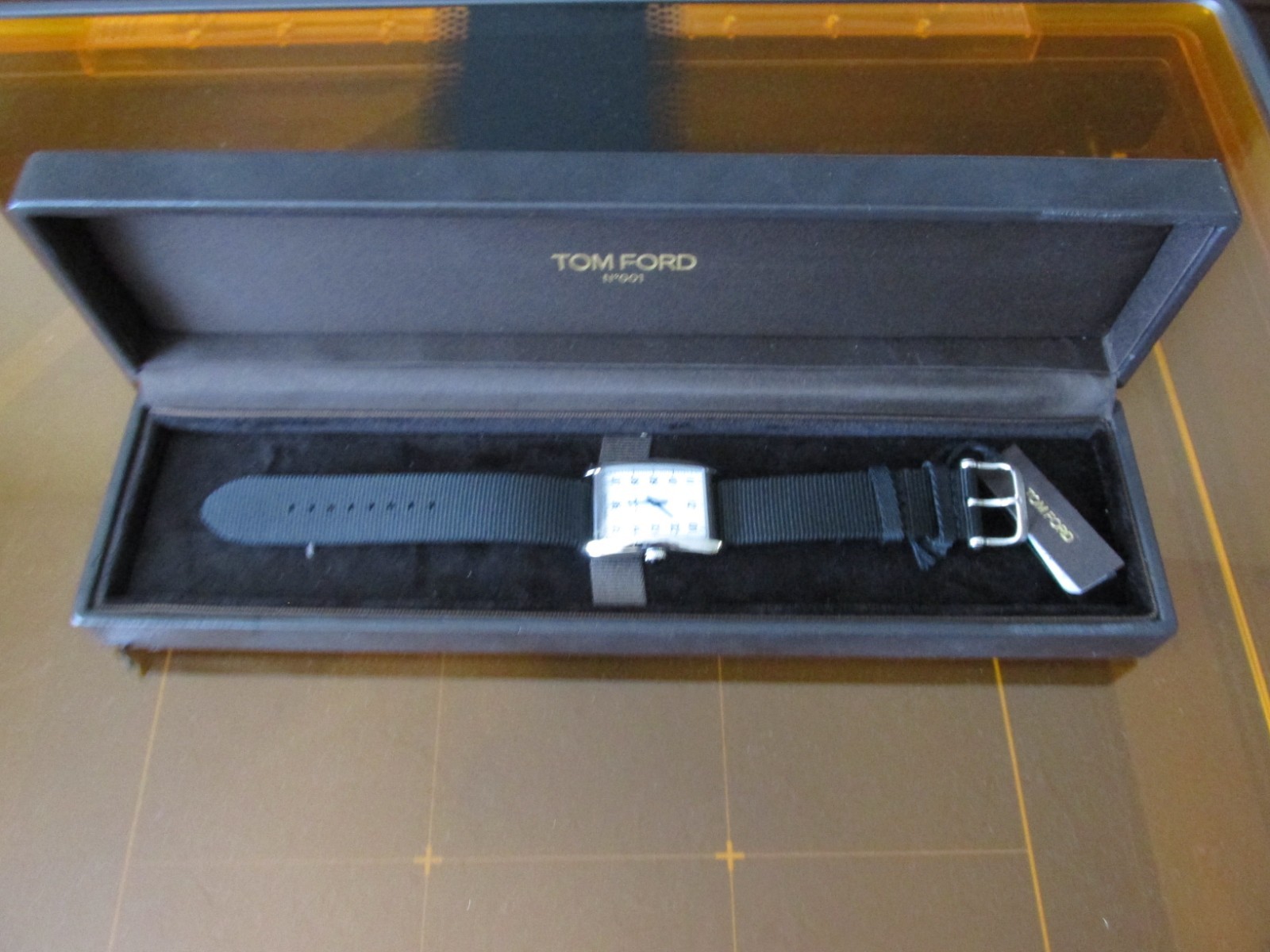 Tom Ford Men’s Rectangular Analog Wristwatch Silver Dial NATO Strap Box, new Bat