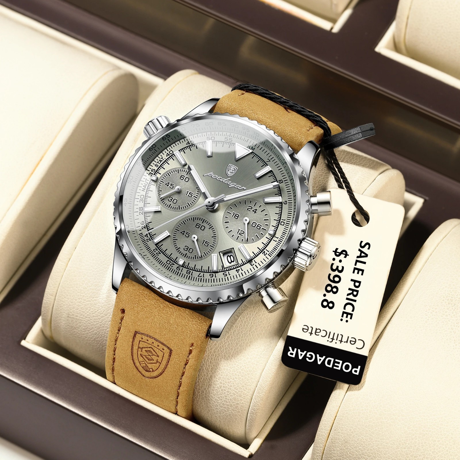 POEDAGAR Luxury Men Quartz Watch Waterproof Chronograph Leather Best Gift