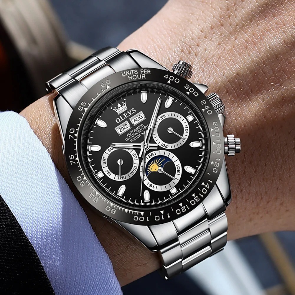 Olevs 6654 Automatic Chrono Luxury Mechanical Waterproof Watch Grey White Black