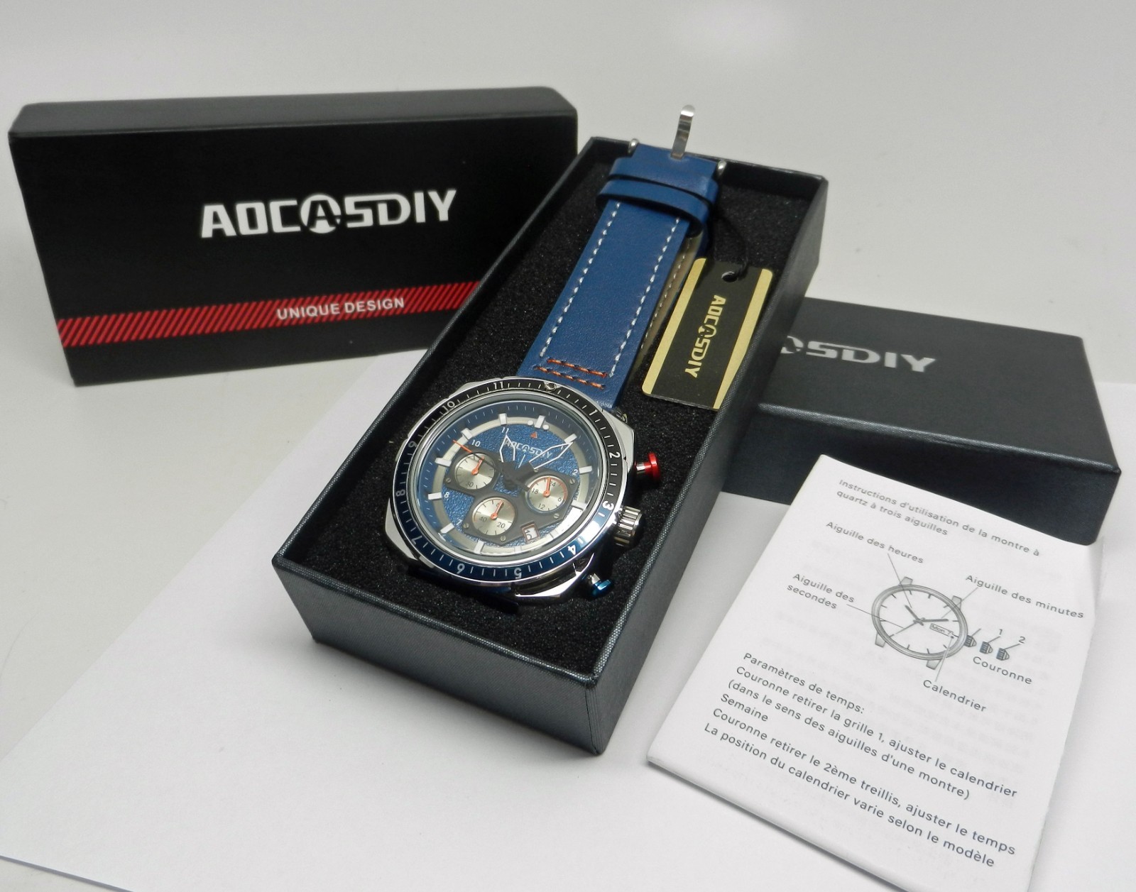 Men’s 45mm Blue Textured Chronograph Date Dial W/ Leather 24HR Dial Sport Watch