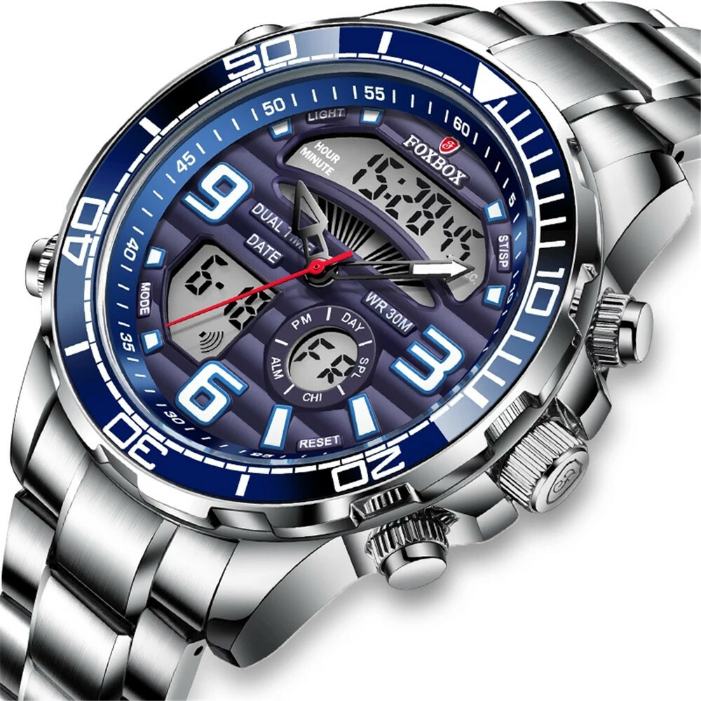 LIGE FOXBOX Digital Men Watches Male Steel Wristwatch Big Dial LED Quartz Watch