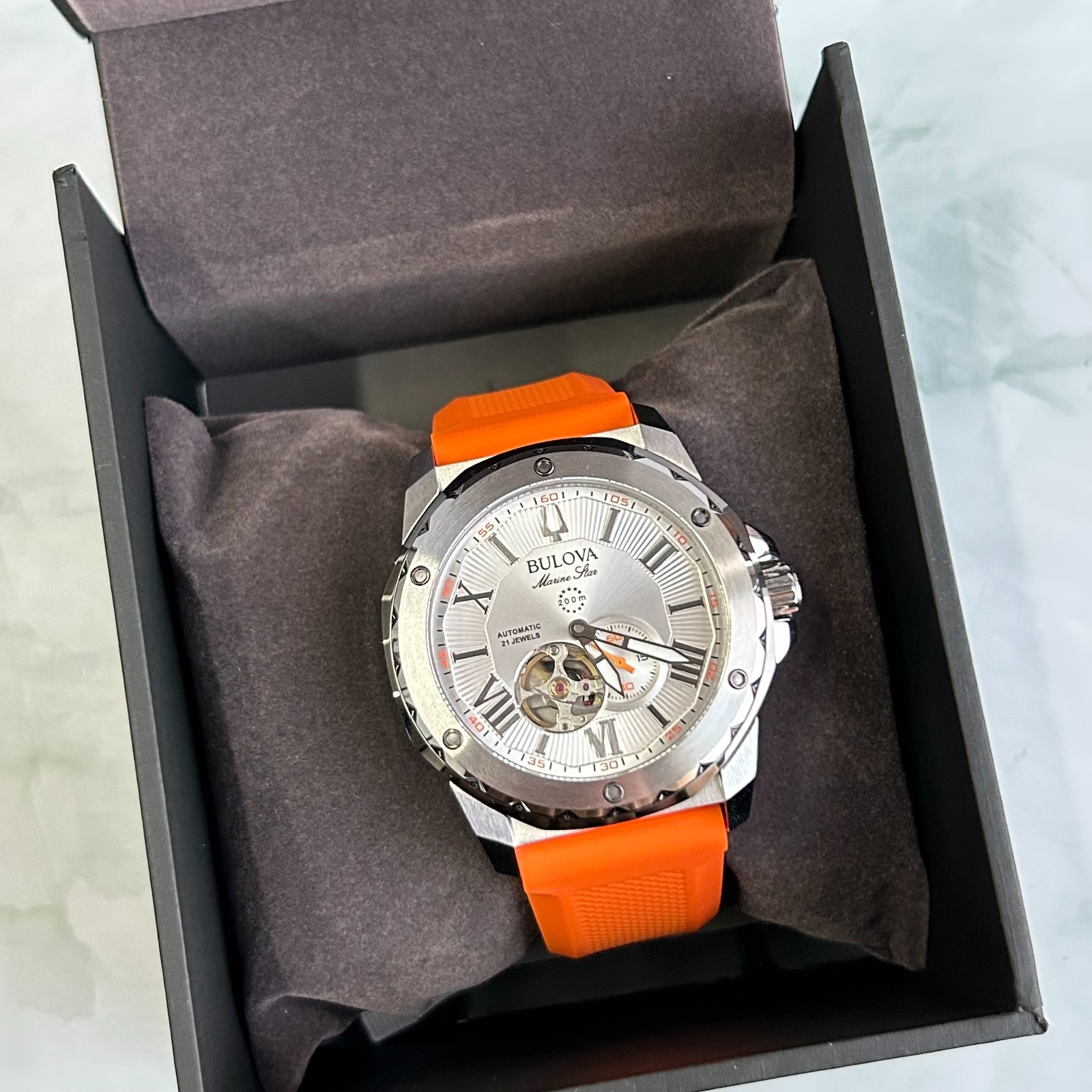 Bulova Marine Star 98A226 White Dial Orange Rubber Strap Men Automatic Watch45MM