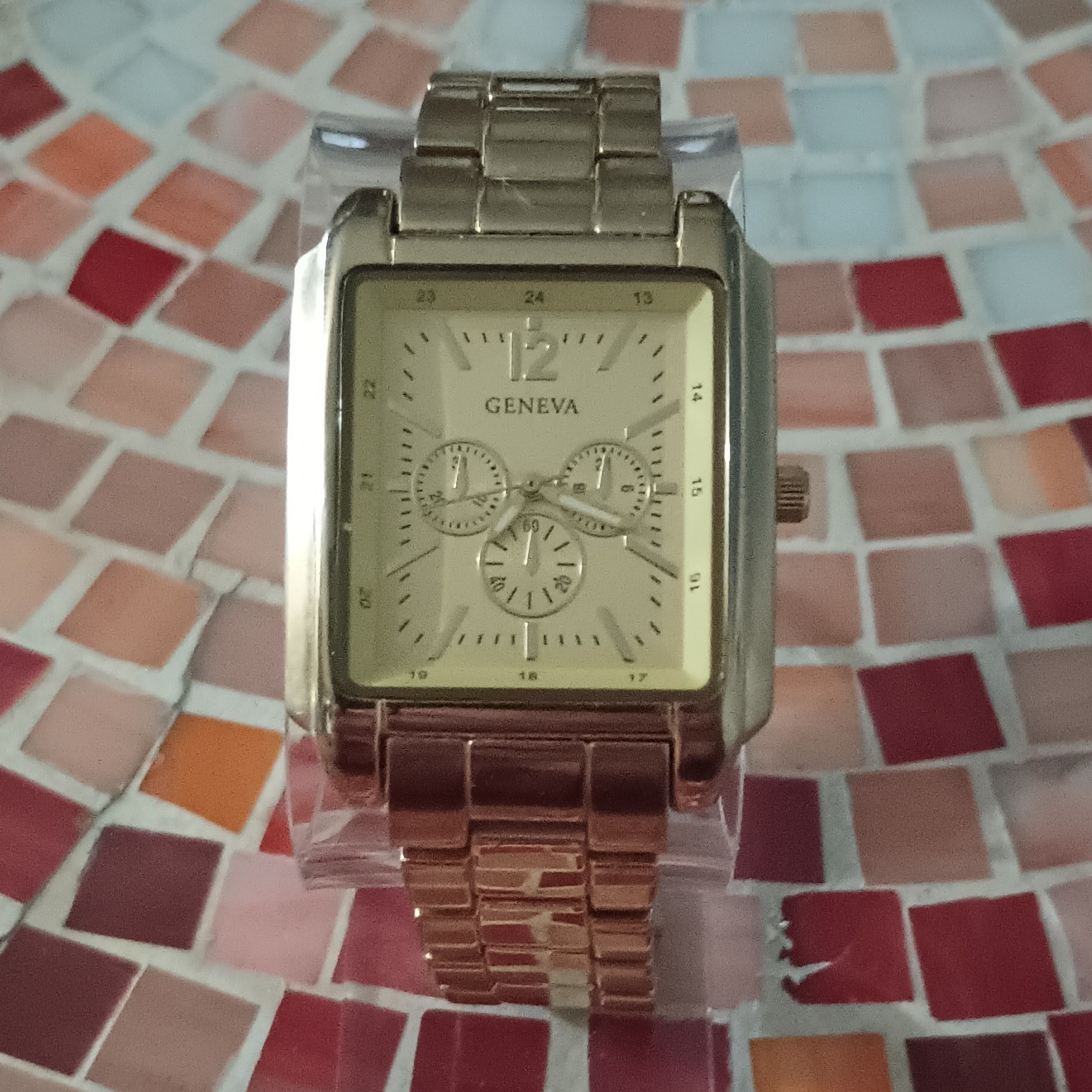 Geneva Rectangle Gold Tone Quartz Dress Watch 37mm Gold Bracelet Seconds Hand