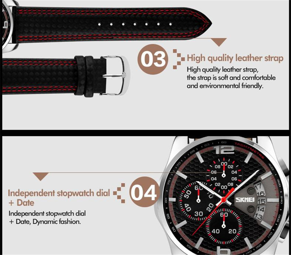 SKMEI Men Quartz Watch Leather Strap Chronograph Date Male Business Wristwatches