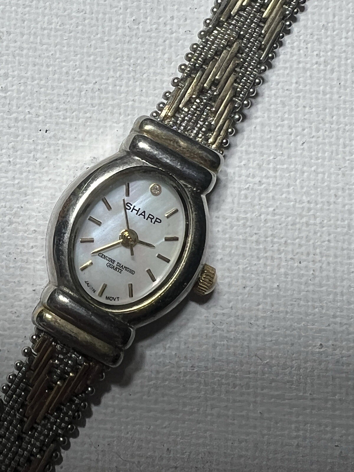 1930’s Sharp Ultra Light Watch Fiery MOP Dial Genuine Diamond woman two tone