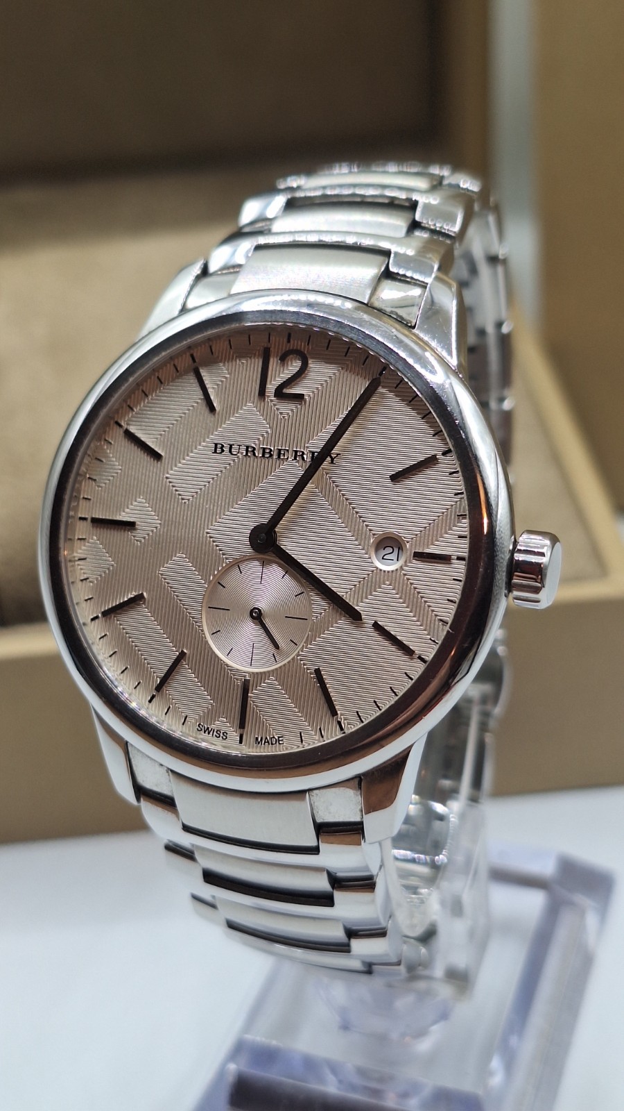 Burberry The Classic Silver Men’s Watch With Tan Coloured Dial BU10004