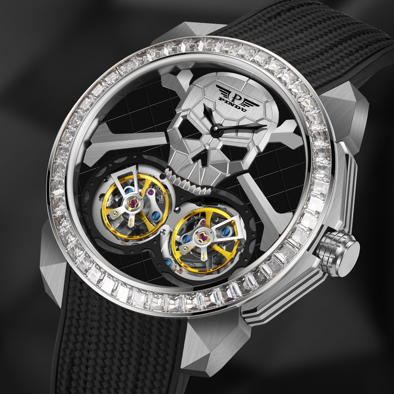 PINDU Men’s Double Tourbillon Mechanical Watch Skull Design Diamond Bezel 5ATM