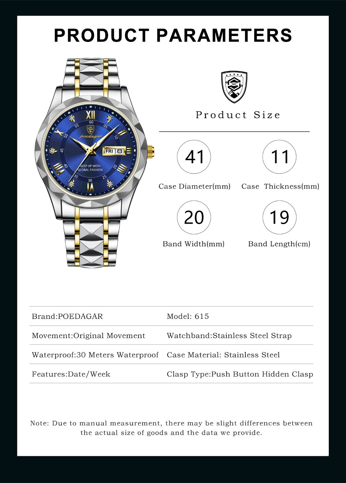 Original POEDAGAR Men Top Brand Business Luxury Waterproof Quartz Watch Blue UK