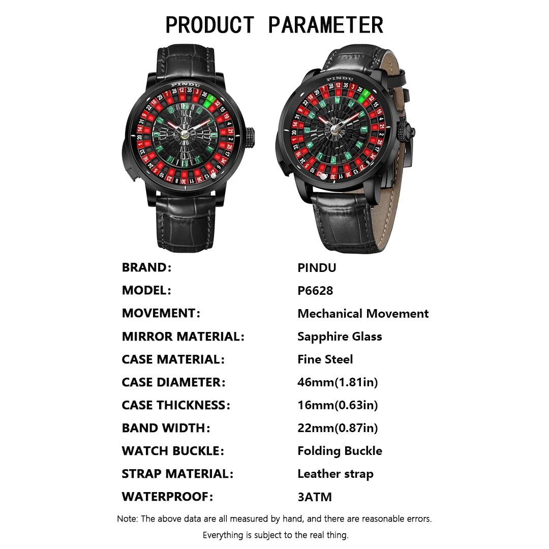 🔥USA🔥PINDU Men’s Automatic Watch 5ATM Casino Tourbillon Rotating Roulette