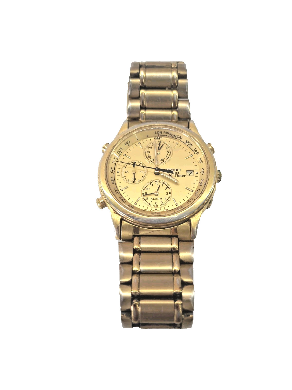 Vintage Seiko 5T52-6A29 World Timer GMT Alarm Gold Tone 37.5mm Watch