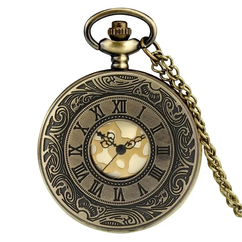 Retro Bronze Hollow Flip Roman Numerals Quartz Pocket Watch Fashionable Gift New