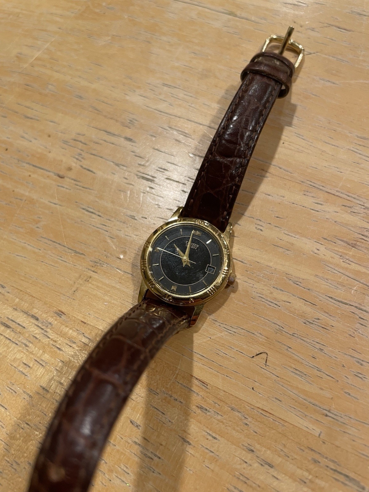 Vintage Citizen Watch Women Gold Tone 24mm Gray Black Dial Date 8” Needs Battery