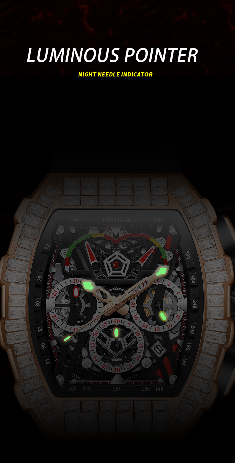 ONOLA Tonneau Hollow Pavé CZ Multifunction Week/Month Automatic Mechanical Watch