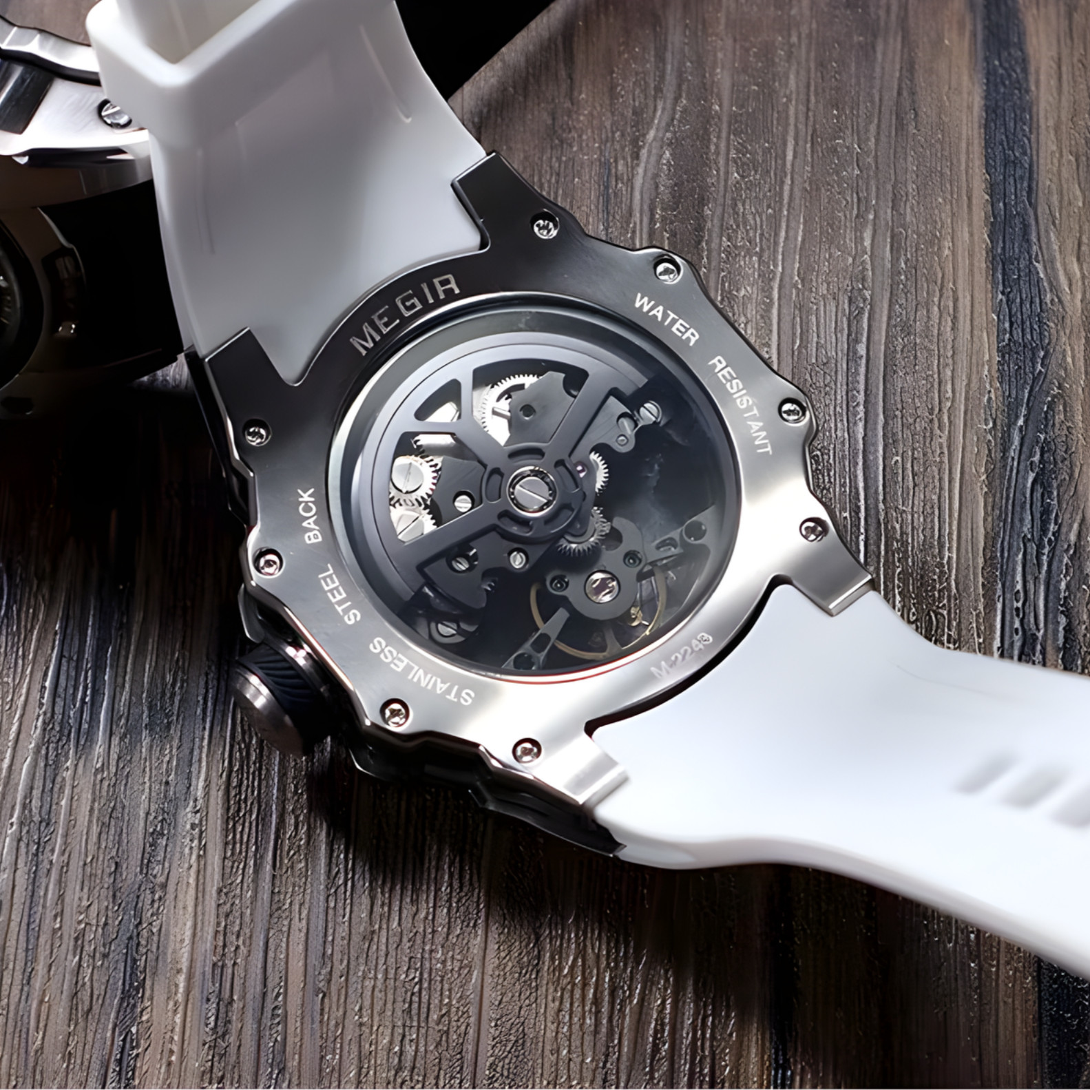 Megir 2243 Automatic Skeleton Watch 43mm Steel Case White Strap – UK Seller