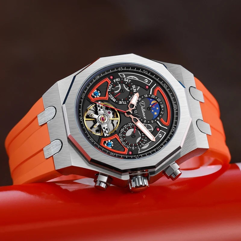 Men’s Tourbillon Mechanical Skeleton Watch Moon Phase Date Waterproof Automatic
