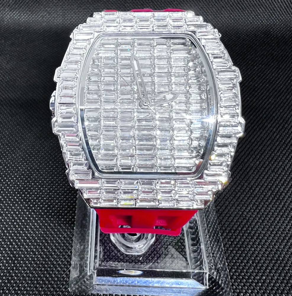 Fashion Tonneau Diamond Bling Men’s Watch Waterproof Rubber Band Gift