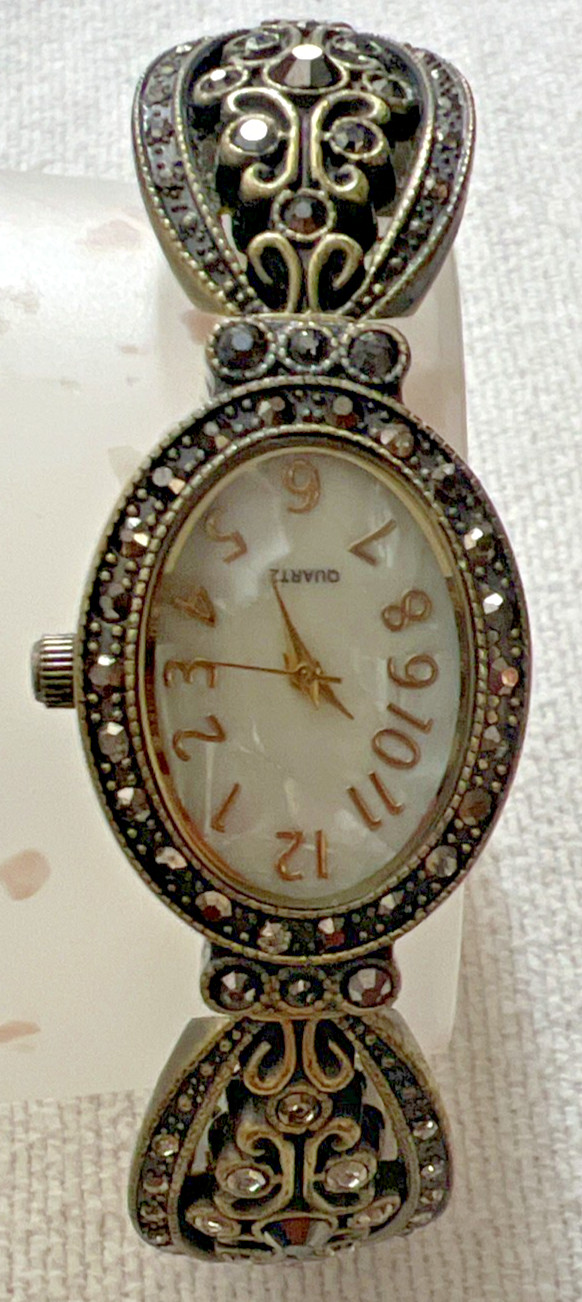 Analog Watch Mother of Pearl Cuff Bracelet Bronze Tone Quartz Vintage Style