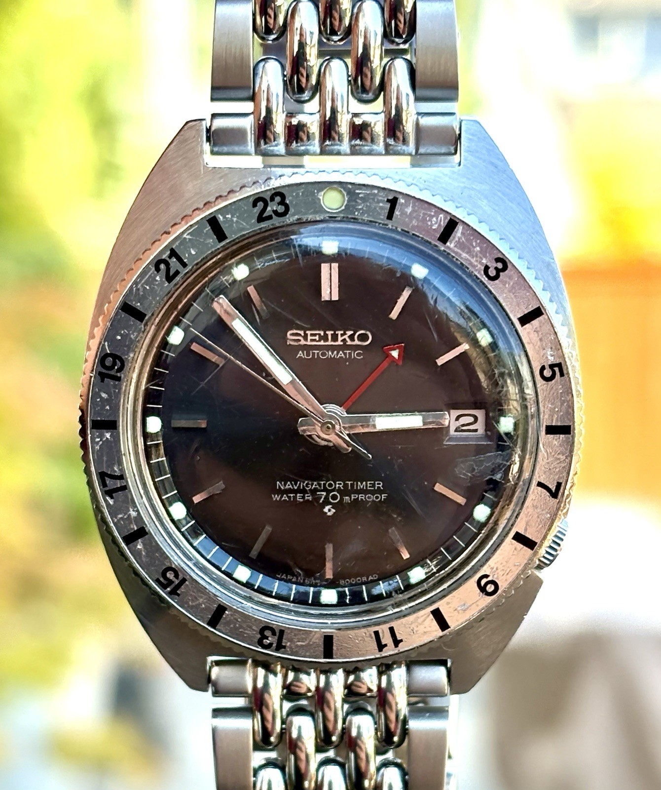 Vintage Seiko 6117-8000 Navigator Timer GMT Automatic 1970 Black Dial Watch Runs