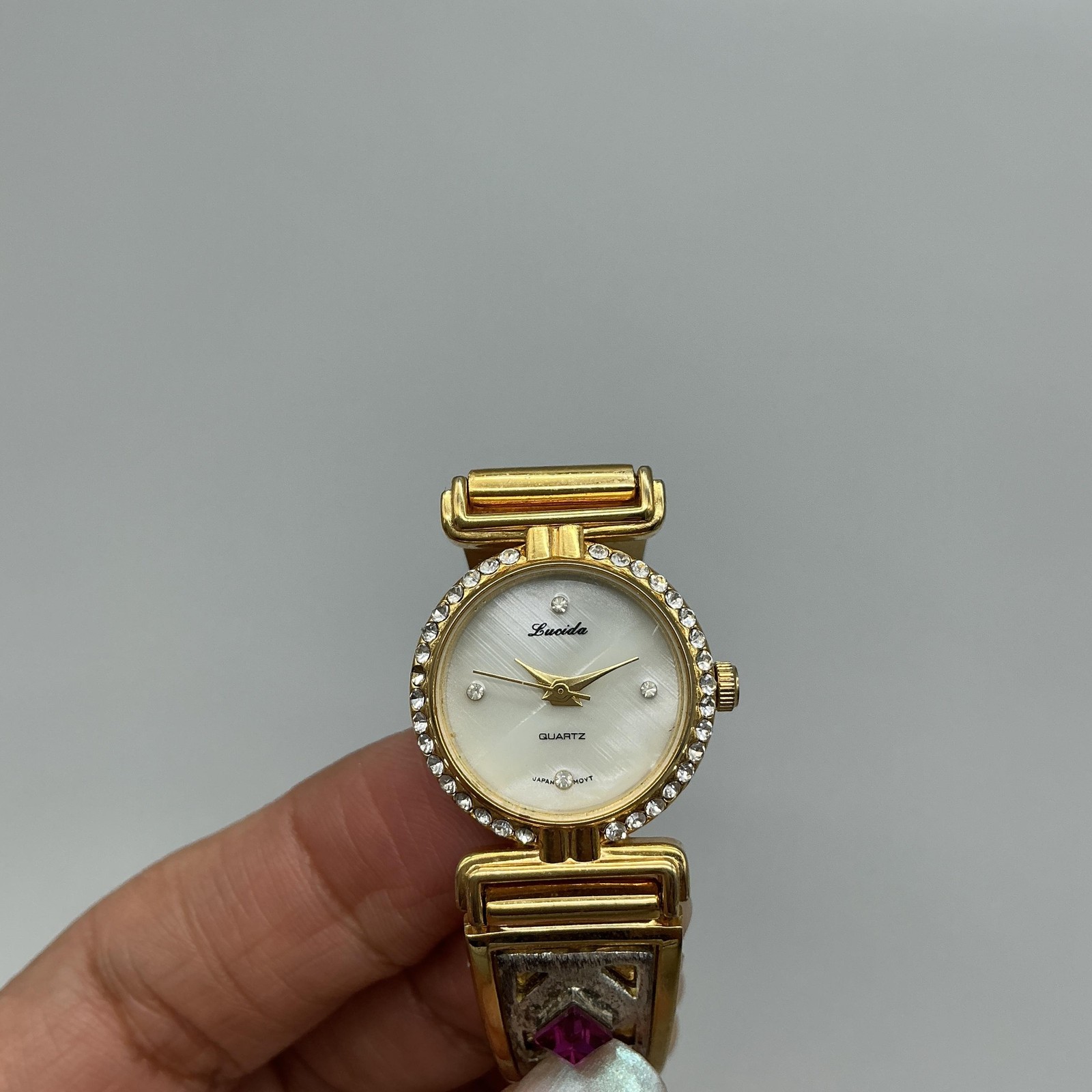Vintage Lucida Womens Watch 21mm MOP Gold Bangle Pink Crystals New Battery 6.75″
