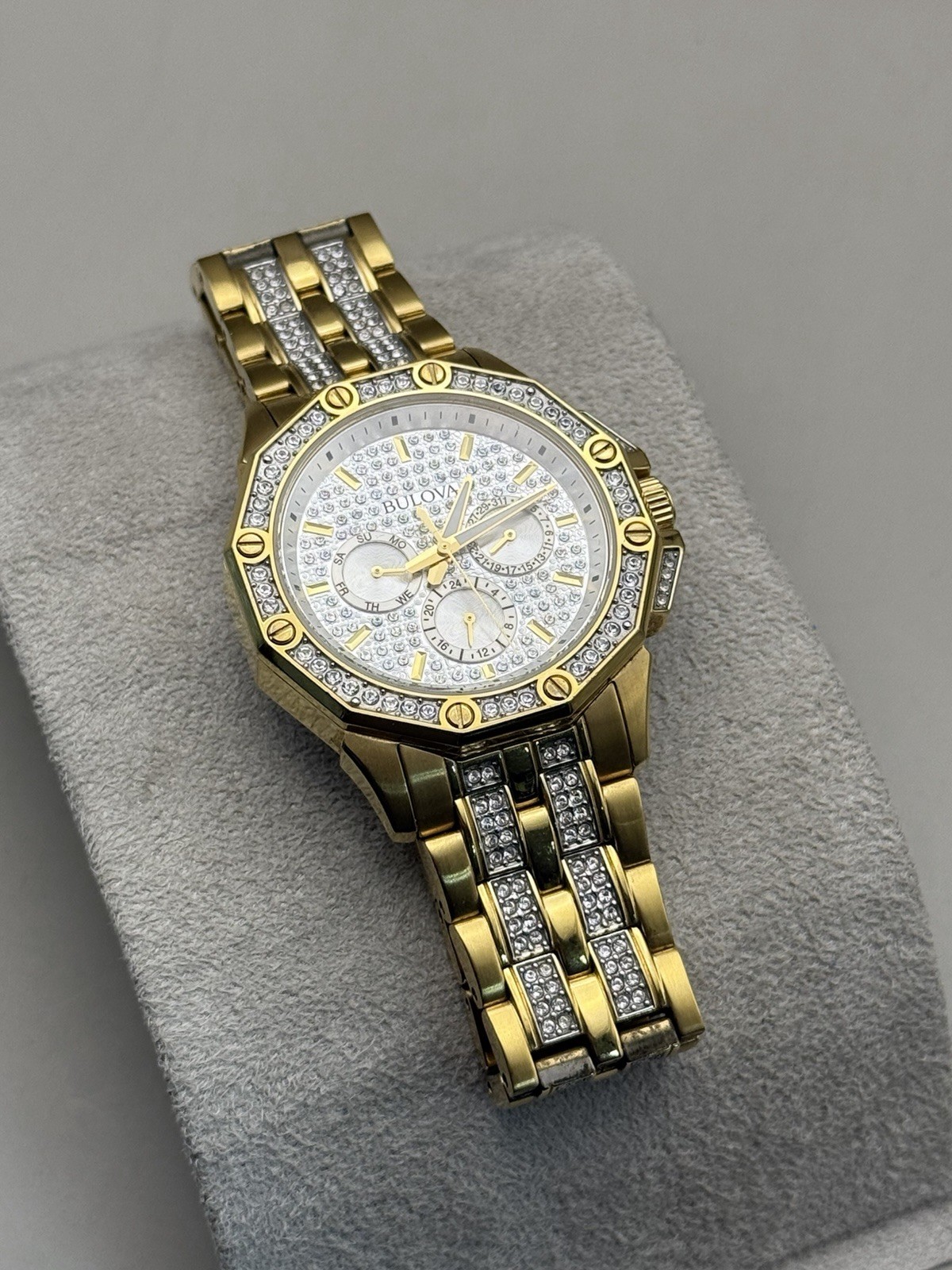 Bulova Octava Gold-Tone Pave Dial Crystal Gent’s Watch 41.5mm 98C126