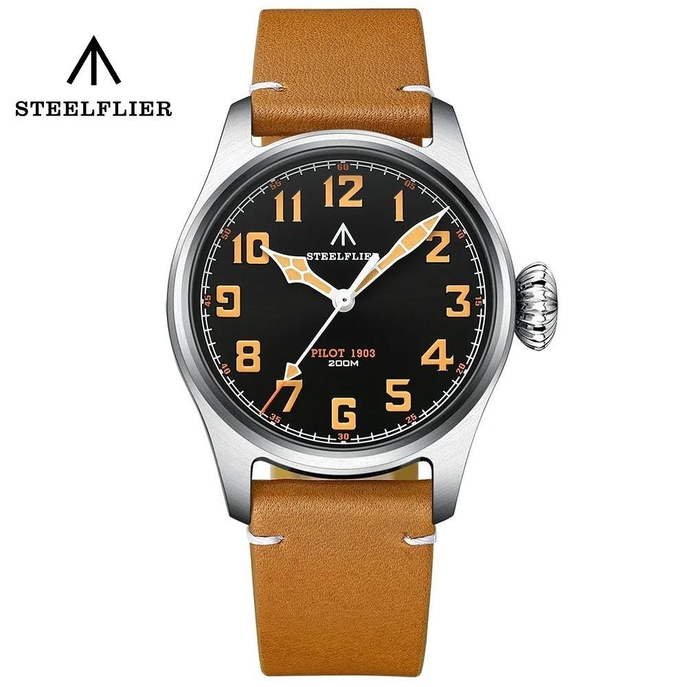 39MM STEELFLIER Pilot Quartz Diver Watch Men’s Leather Waterproof Luminous NEW