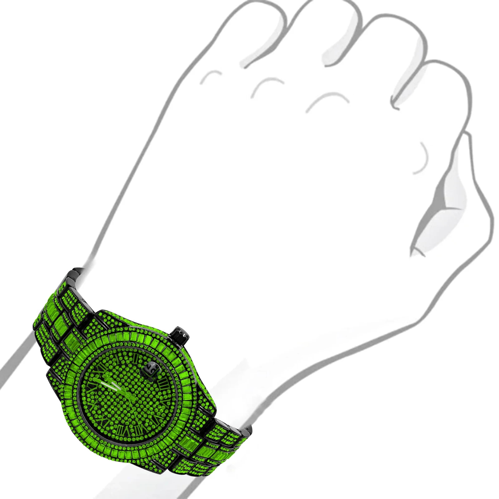 Mens Iced Out Green Baguette CZ Crystal Watch Black Hip Hop Quartz Date 39mm
