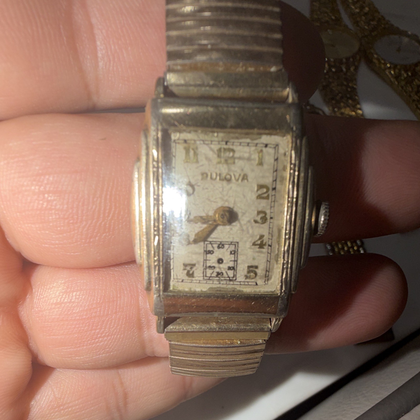 Vintage Bulova Ladies Rectangular Gold Plated Manual Watch White Dial Seconds