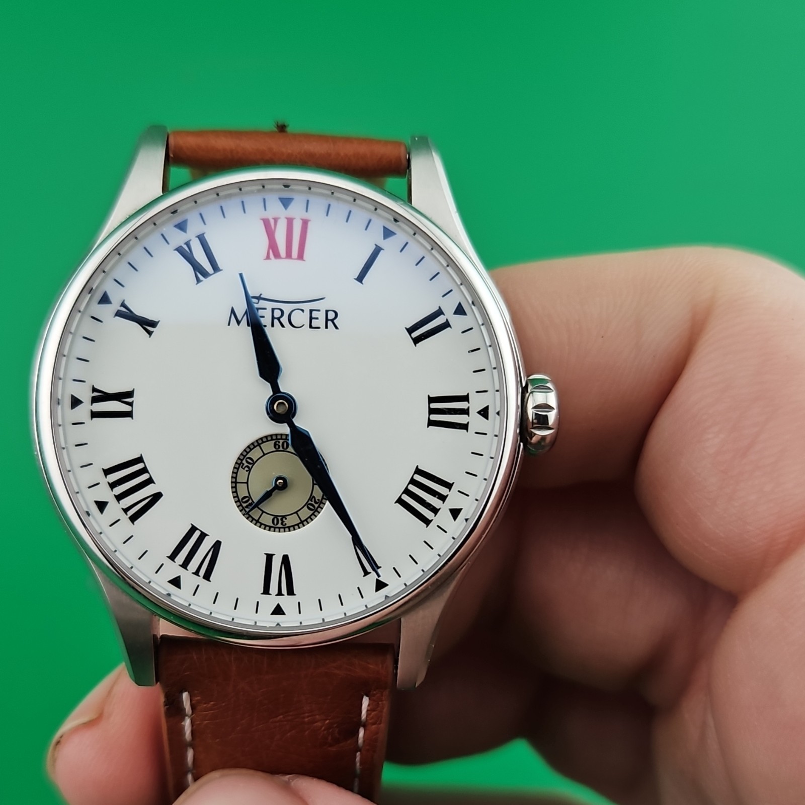 Mercer Madison Manual Wind 15J Small Seconds Roman White Dial Brown Leather