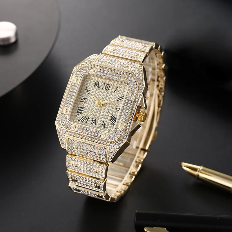 Luxury Men’s Quartz Watch Steel Strap Square Roman Dial Business Wristwatch