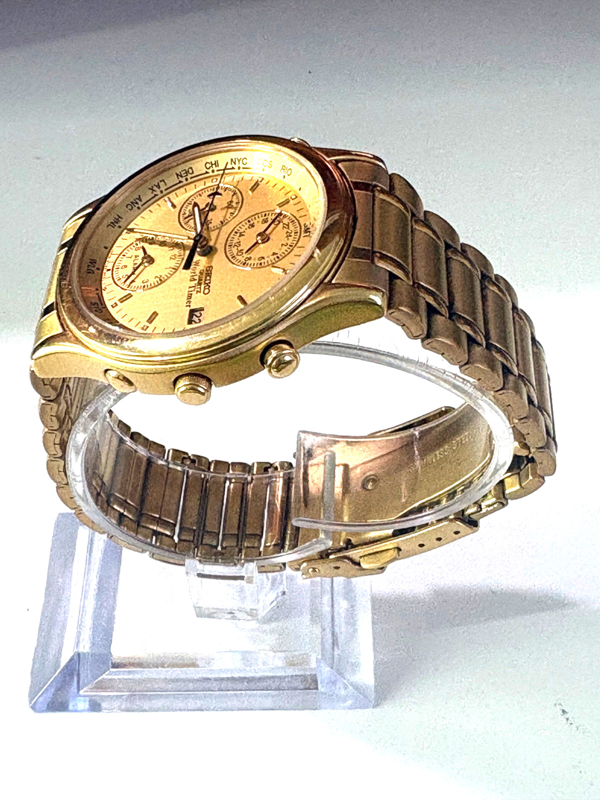 VINTAGE SEIKO WORLD TIMER 5T52-6A29 DUAL TIME ALARM GOLD TONE QUARTZ MENS WATCH