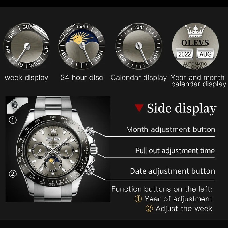 Olevs 6654 Automatic Chrono Luxury Mechanical Waterproof Watch Grey White Black