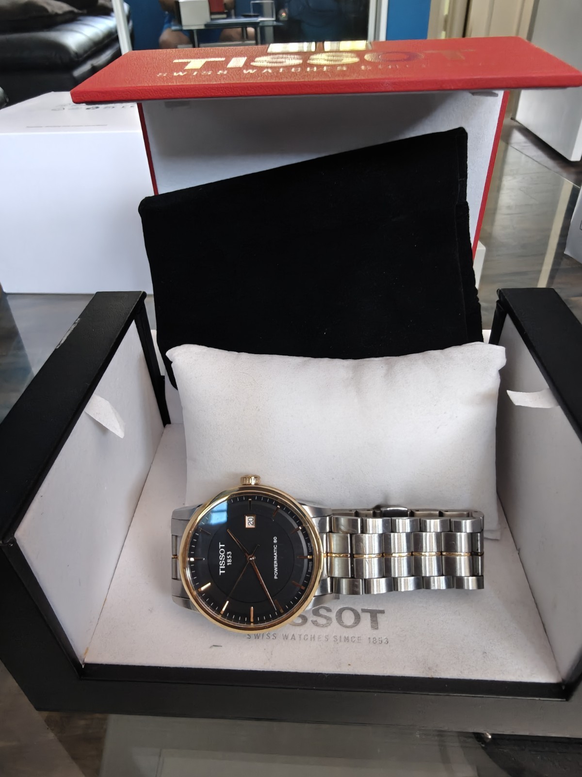Tissot Powermatic 80 Auto Black Dial Two-Tone Bracelet Date Watch w/ Box