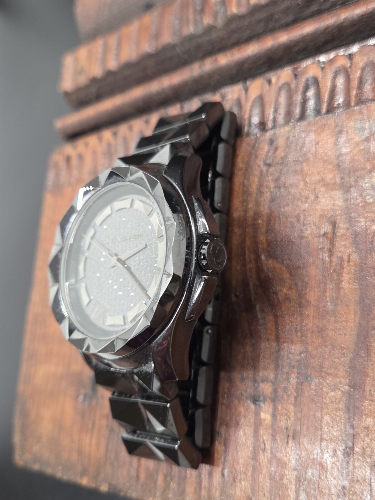 Rare Karl Lagerfeld Stainless Black Pyramid Stud Analog KL-1027 Watch AS IS