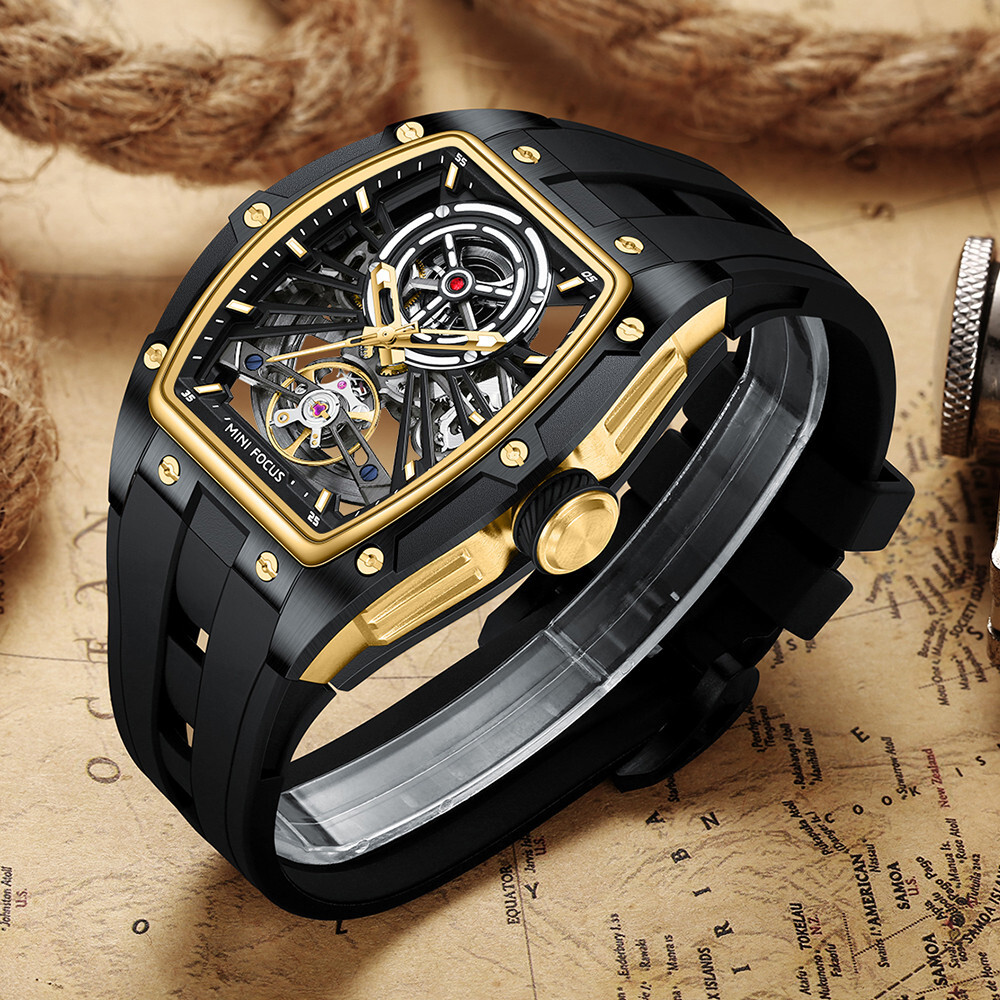MINI FOCUS Men Mechanical Watch Automatic Hollow Out Male Rectangle Wristwatch