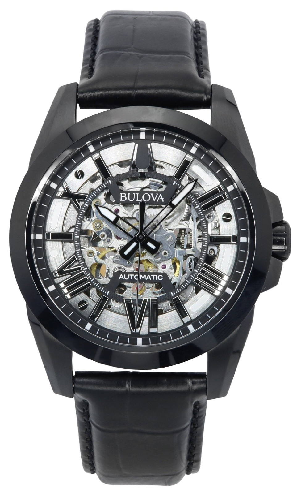 Bulova Classic Sutton Leather Strap Silver Skeleton Dial 98A304 100M Mens Watch