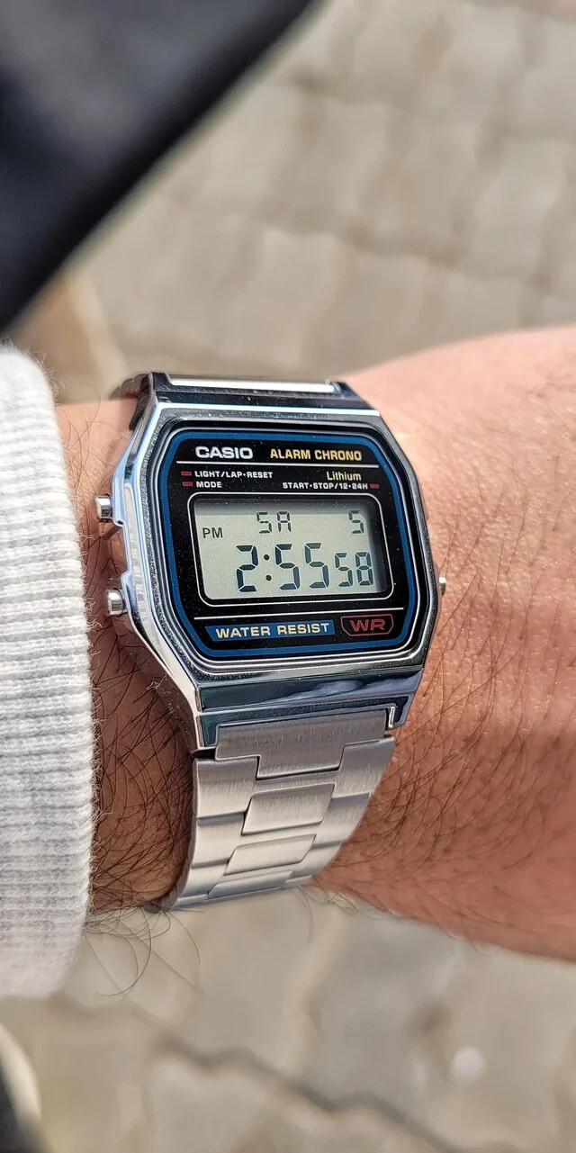 Casio A158WA-1, 7 Year Battery Classic Chronograph Watch, Alarm, Date, NEW