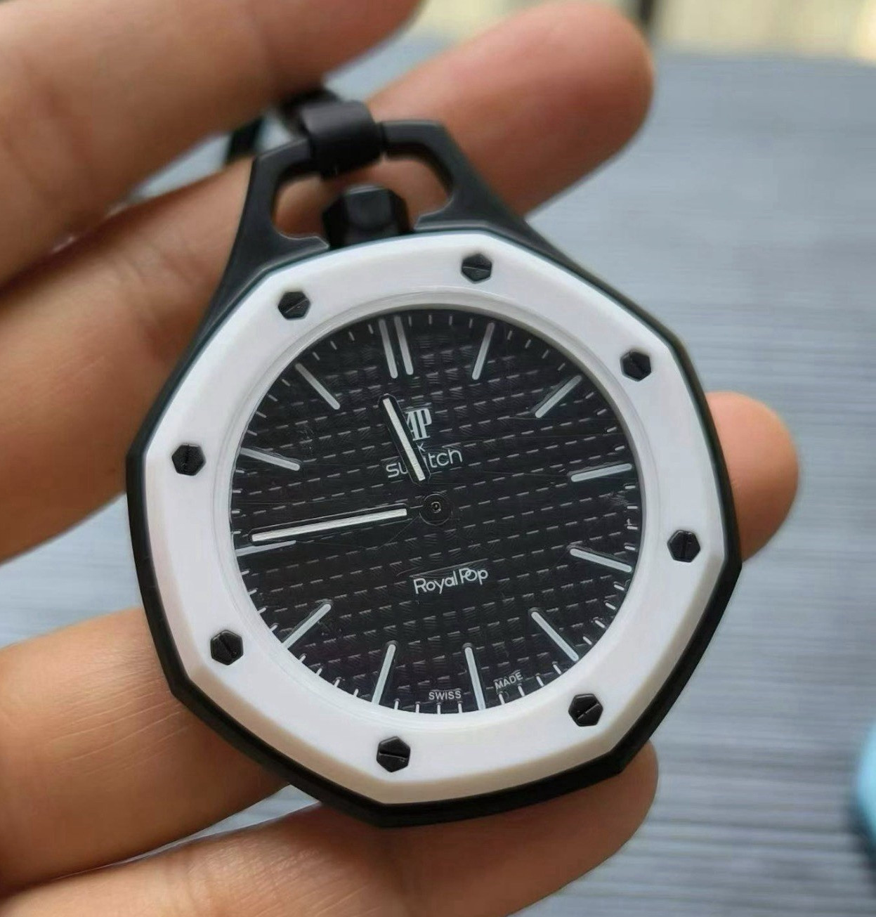 Swatch Royal Pop Pocket Watch Quartz Analog Open Face Black Dial White Bezel