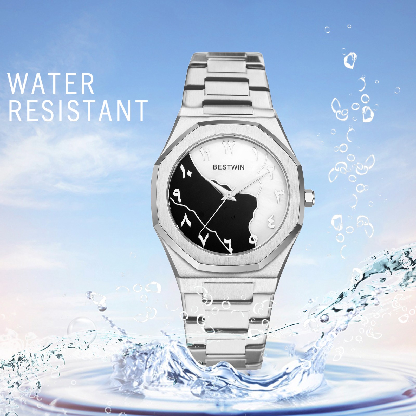 Men’s Octagon Two-color Dial Waterproof Quartz Wrist Watch Stainless Steel Strap