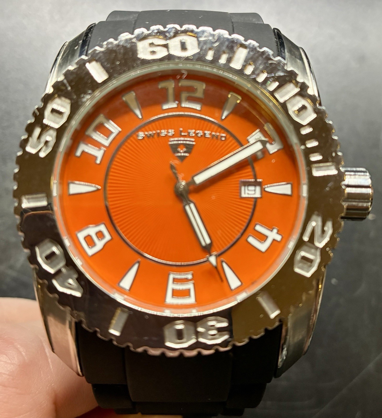 Swiss Legend Commander Watch Black Rubber Silicone Orange Chrome Needs Battery