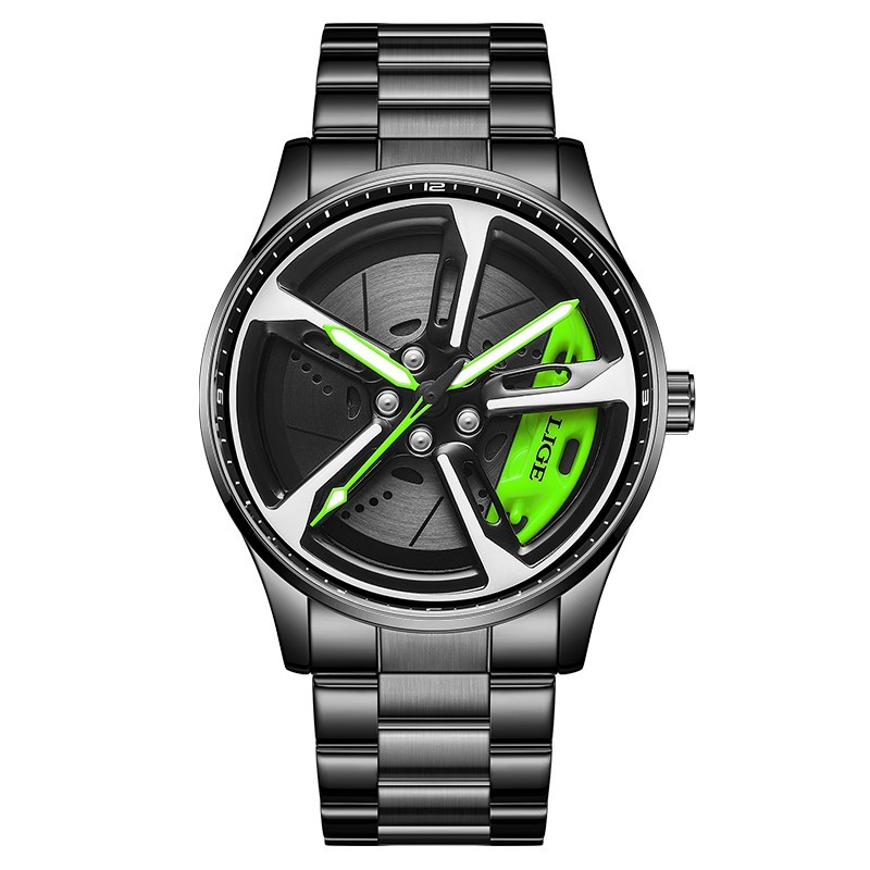 Mens Casual Watch Skeleton Wheel Dial Luminous Waterproof Steel Male Wristwatch