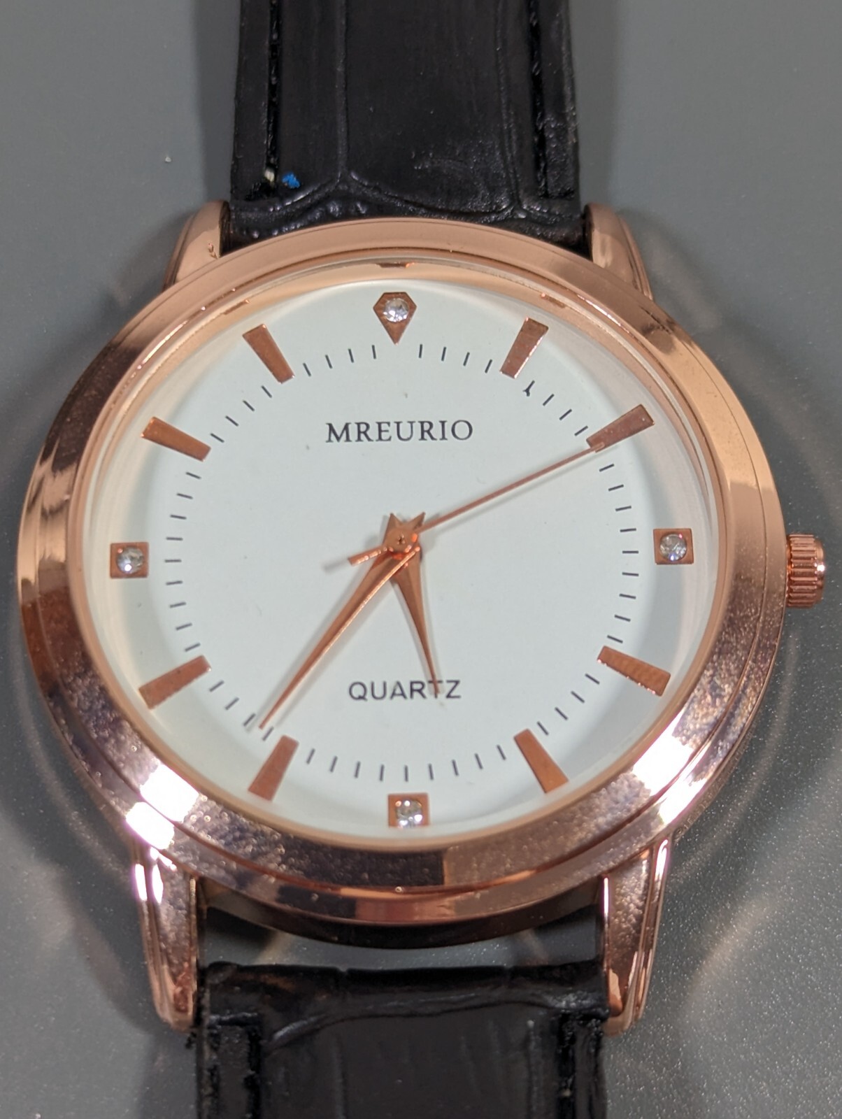 Mens Mreurio White Dial Round Gold Tone Case Black Faux Leather Band Watch