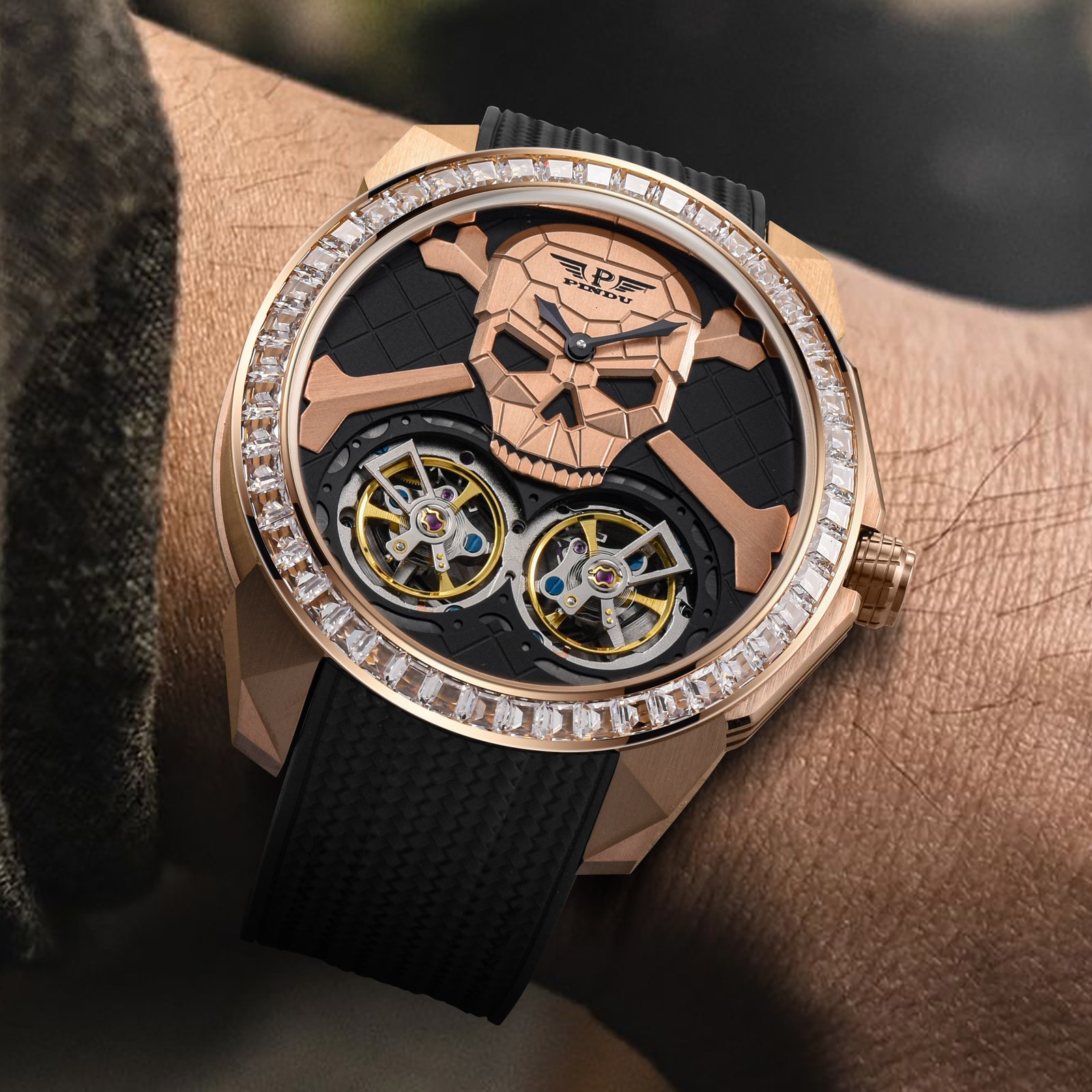 PINDU Men’s Double Tourbillon Mechanical Watch Skull Design Diamond Bezel 5ATM