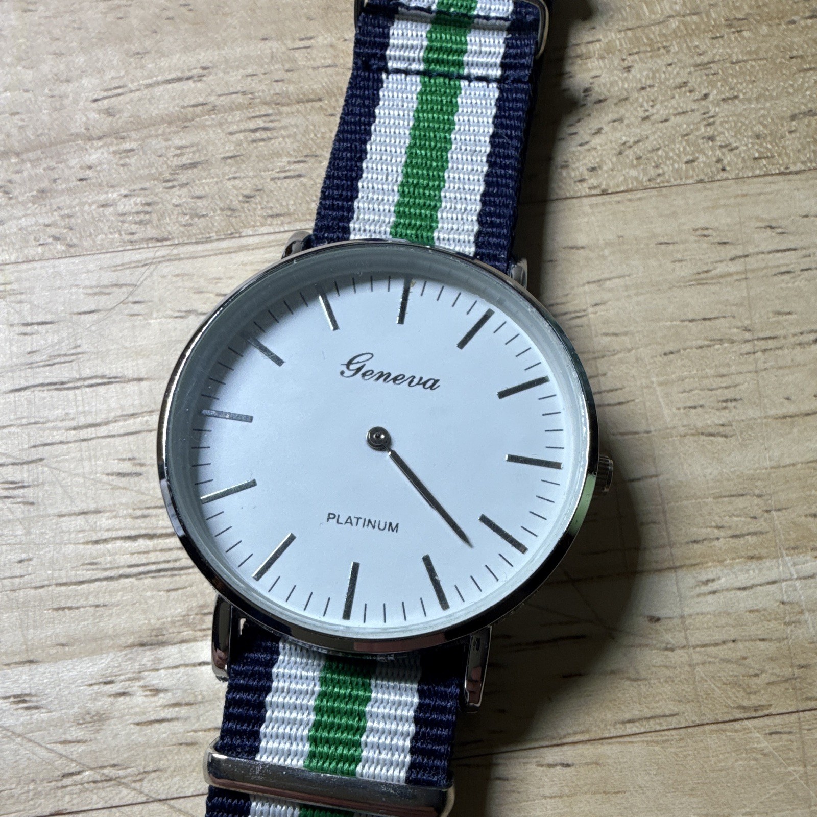 Geneva Platinum Quartz Analog Watch White Dial Blue/White/Green Nylon Strap