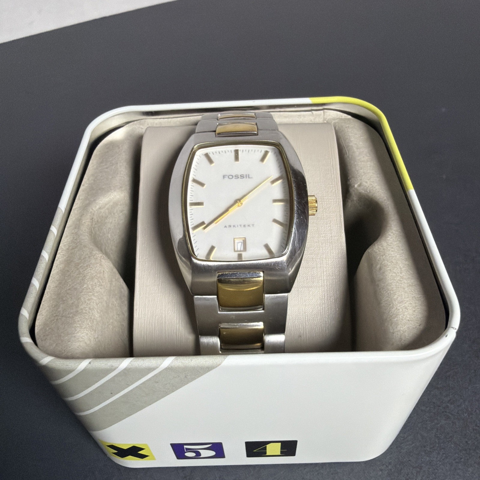 Fossil Arkitekt FS3050 Men’s Quartz Watch Silver Gold Two-Tone New Battery Tin