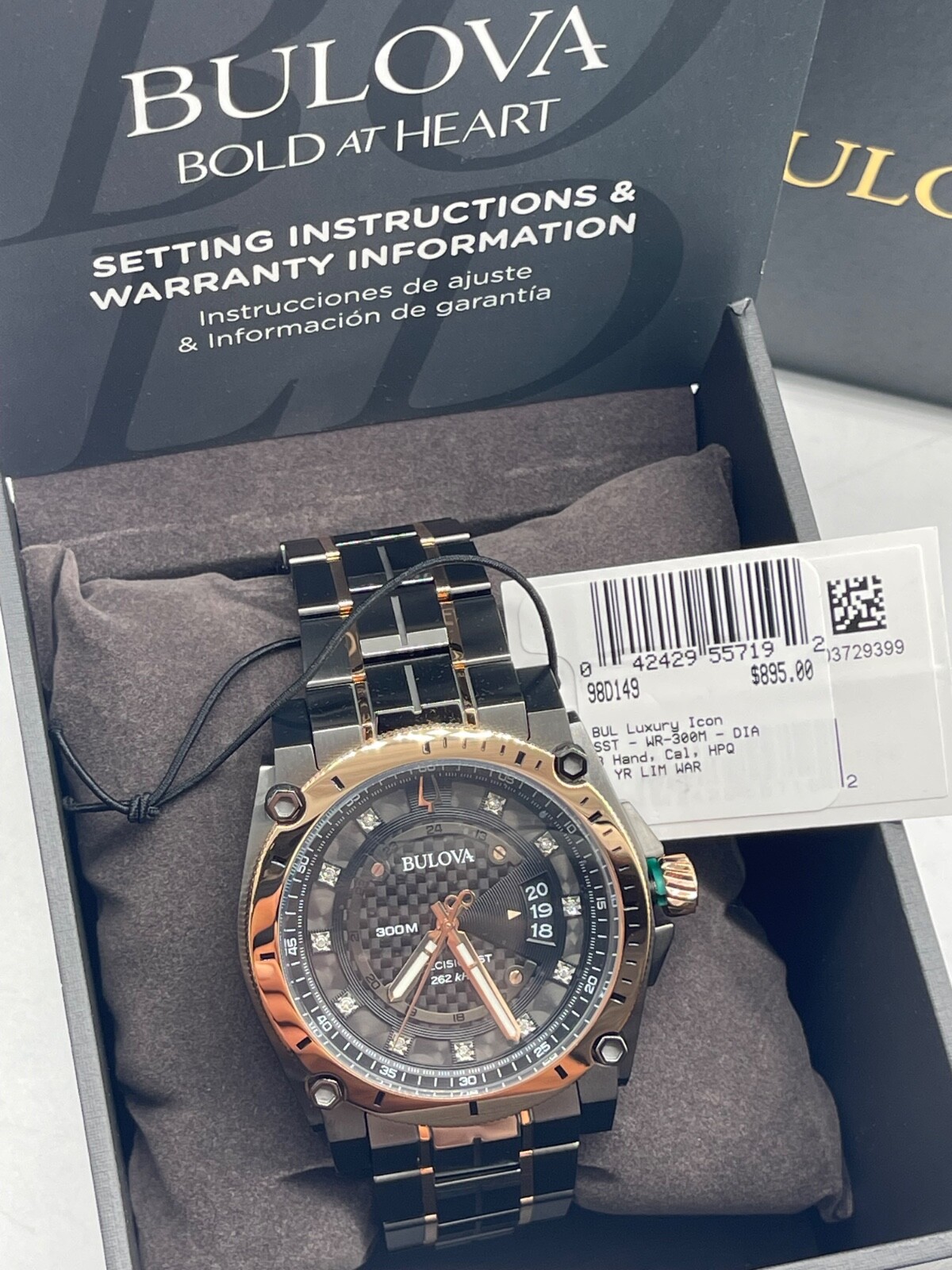 Bulova Precisionist Quartz Diamond Accent 2-Tone Black 46mm Watch 98D149 ROSE G