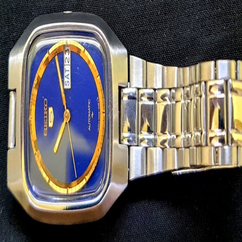 Vintage Seiko 5 Automatic Watch 7009-5220 TV Dial Blue & Gold Japan Serviced Men