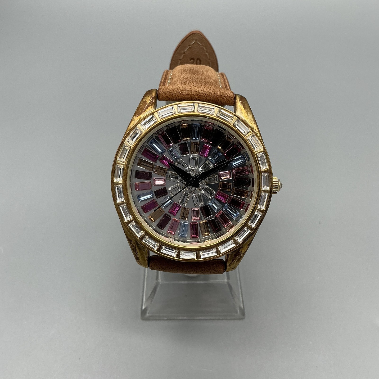 Adrienne Womens Watch 41mm Multicolor Gem Dial Gold Tone Brown Strap New Battery